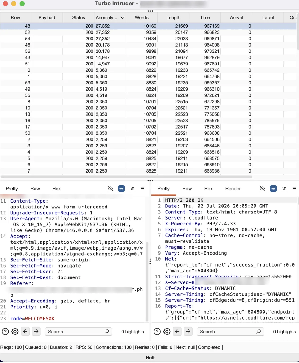 Konfigurasi Turbo Intruder: 100 request, RPS 50, 100 connections, 0 retries, 0 fails, semua response 200 OK (domain di-blur)